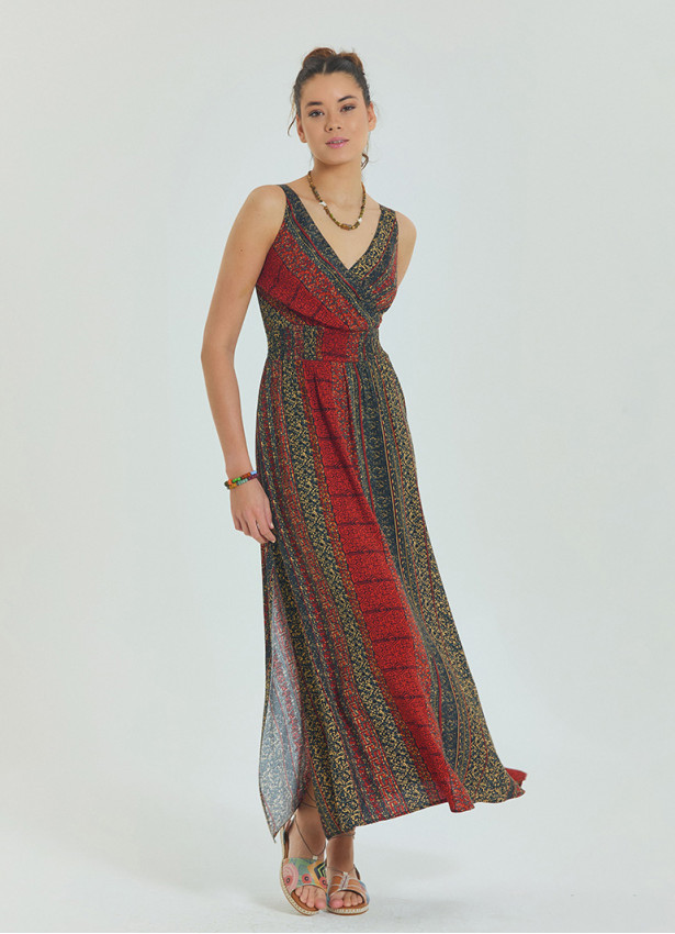 P V Neck Double Breasted Long Tile Dress 4559